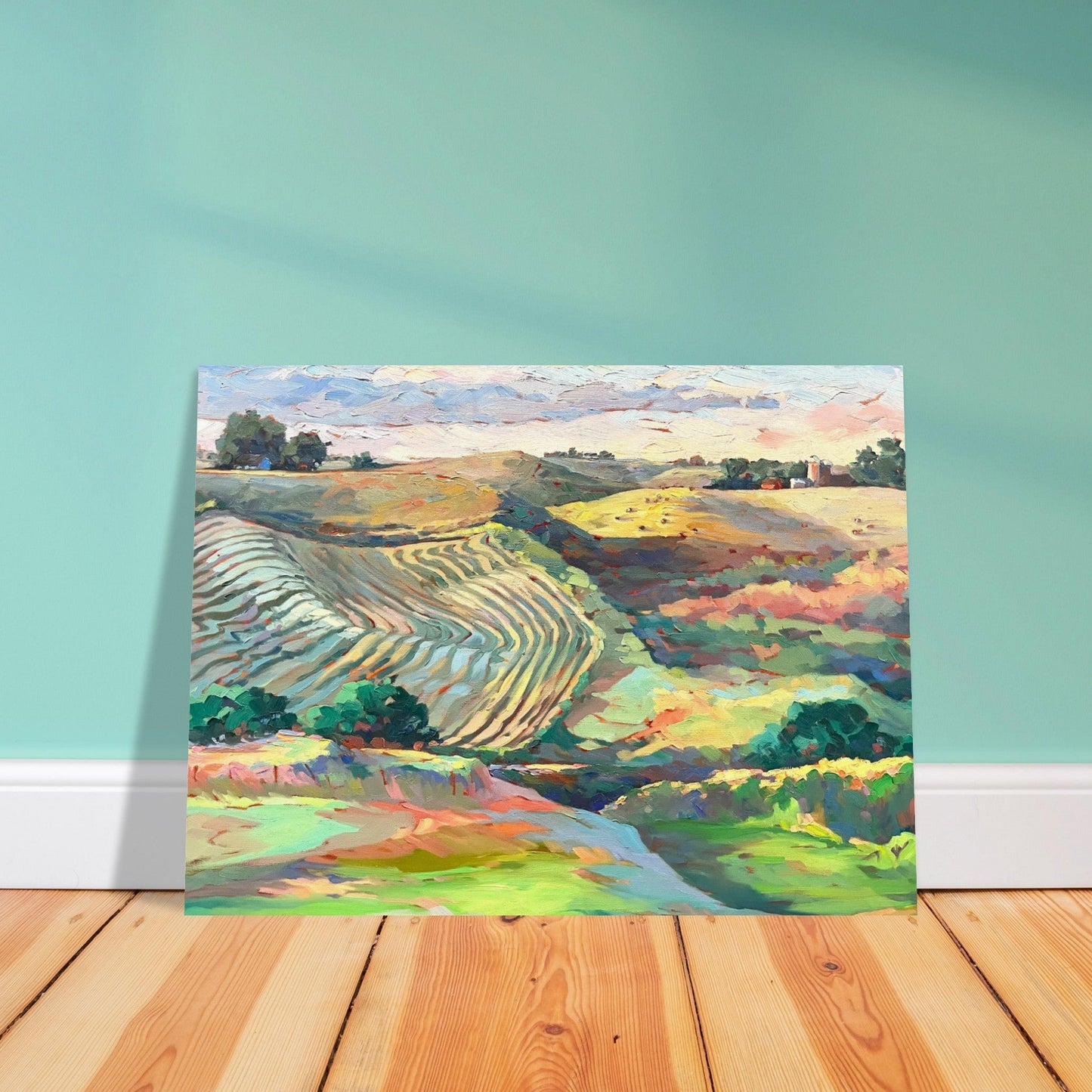 'Golden Sunset Over Rolling Hills' Landscape I 24x32 Museum-Quality Matte Paper Poster | Original Artwork by American Artist Barbara Cleary