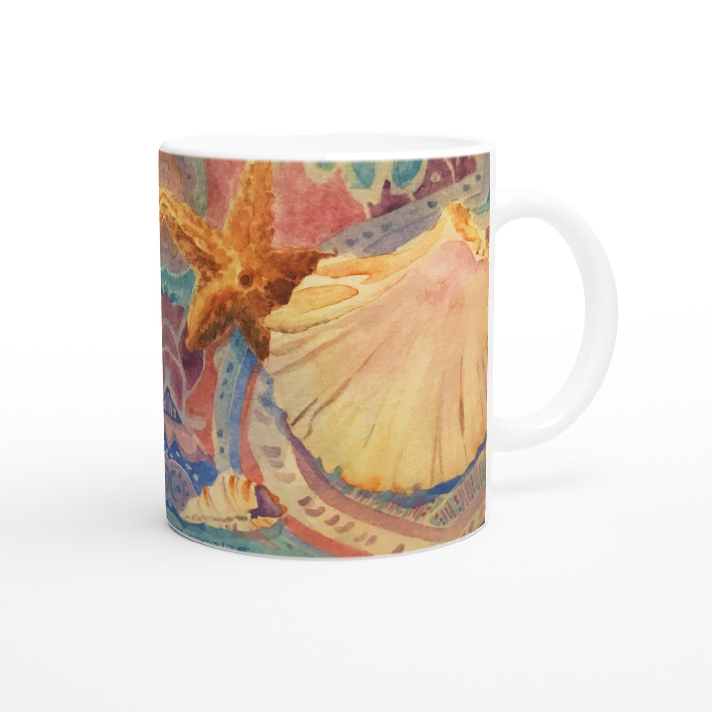 11oz White Ceramic Mug | Coffee Cup with 'Starfish' Watercolor Artwork by American Artist Barbara Cleary