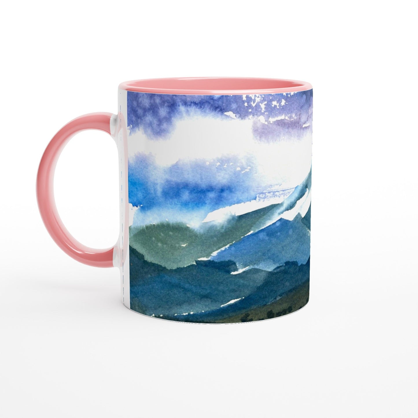 11oz White Ceramic Mug with Color Inside | Coffee Cup with 'Tranquil Mountain View 3' Artwork by American Artist Barbara Cleary