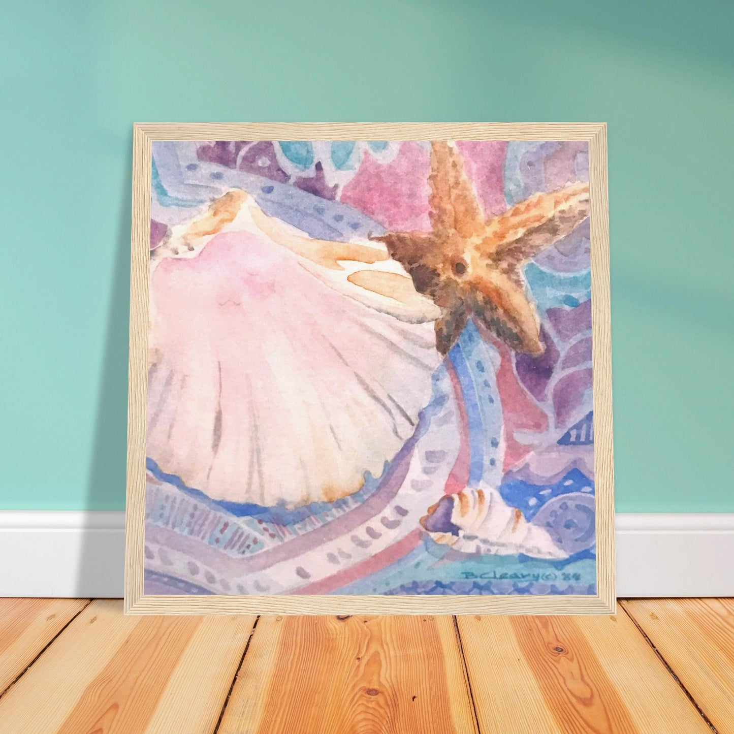 'Starfish' Watercolor I 12x12 inch Wooden Framed Art Print I Original Artwork by American Artist Barbara Cleary