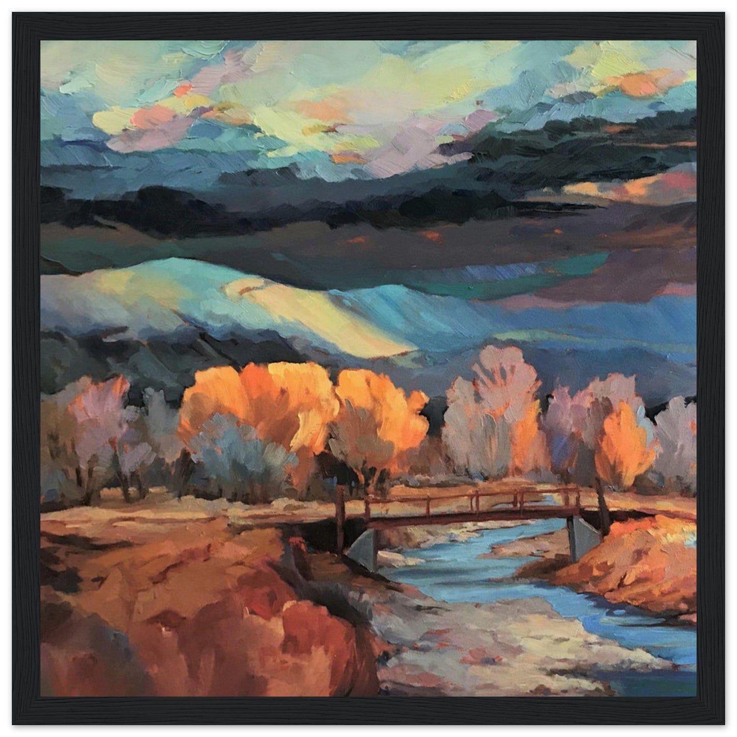 ‘Rio Pueblo River’ Landscape | 12x12 Wooden Framed Art Print | Original Artwork by American Artist Barbara Cleary