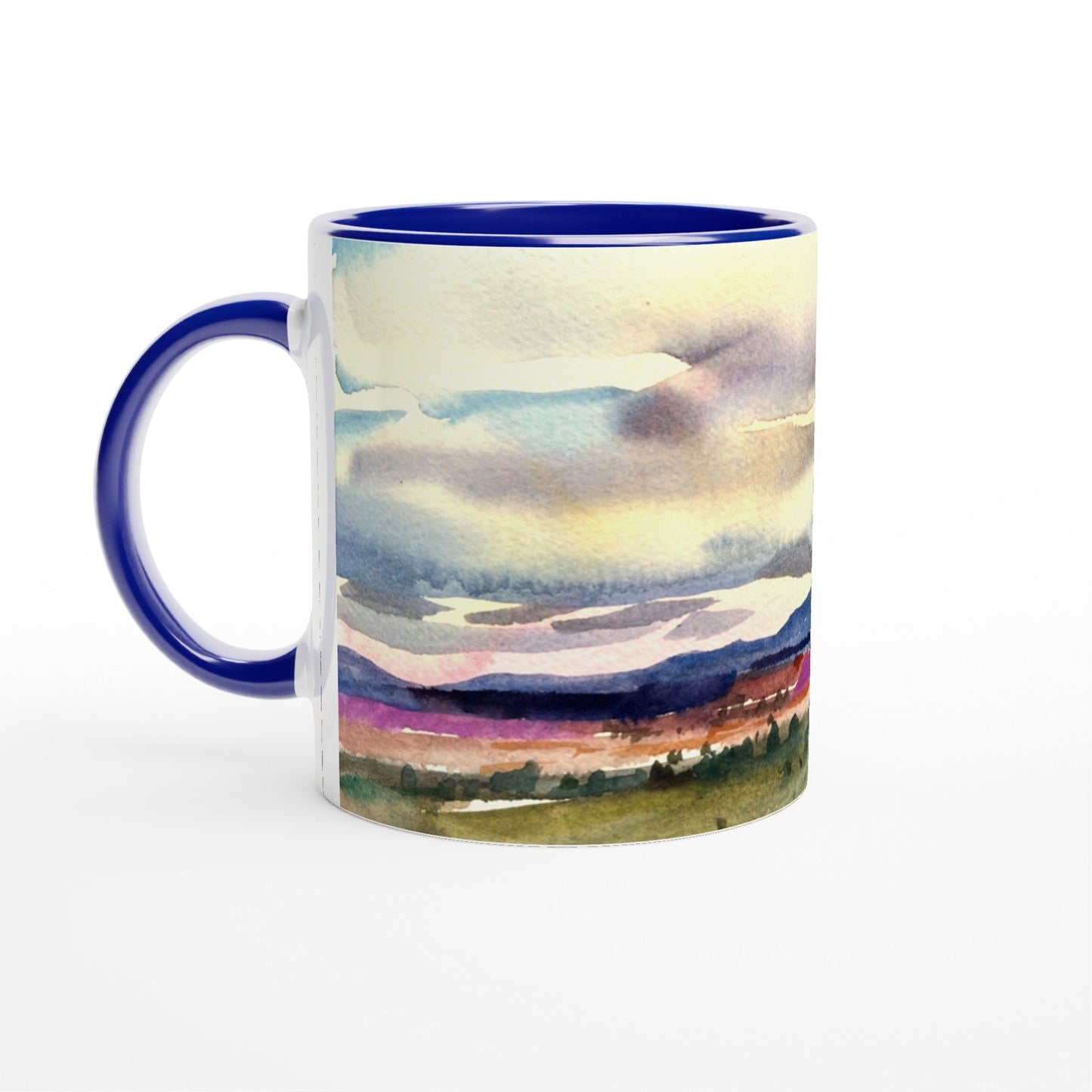 Copy of 11oz White Ceramic Mug with Color Inside | Coffee Cup with 'Tranquil Mountain View 1' Artwork by American Artist Barbara Cleary