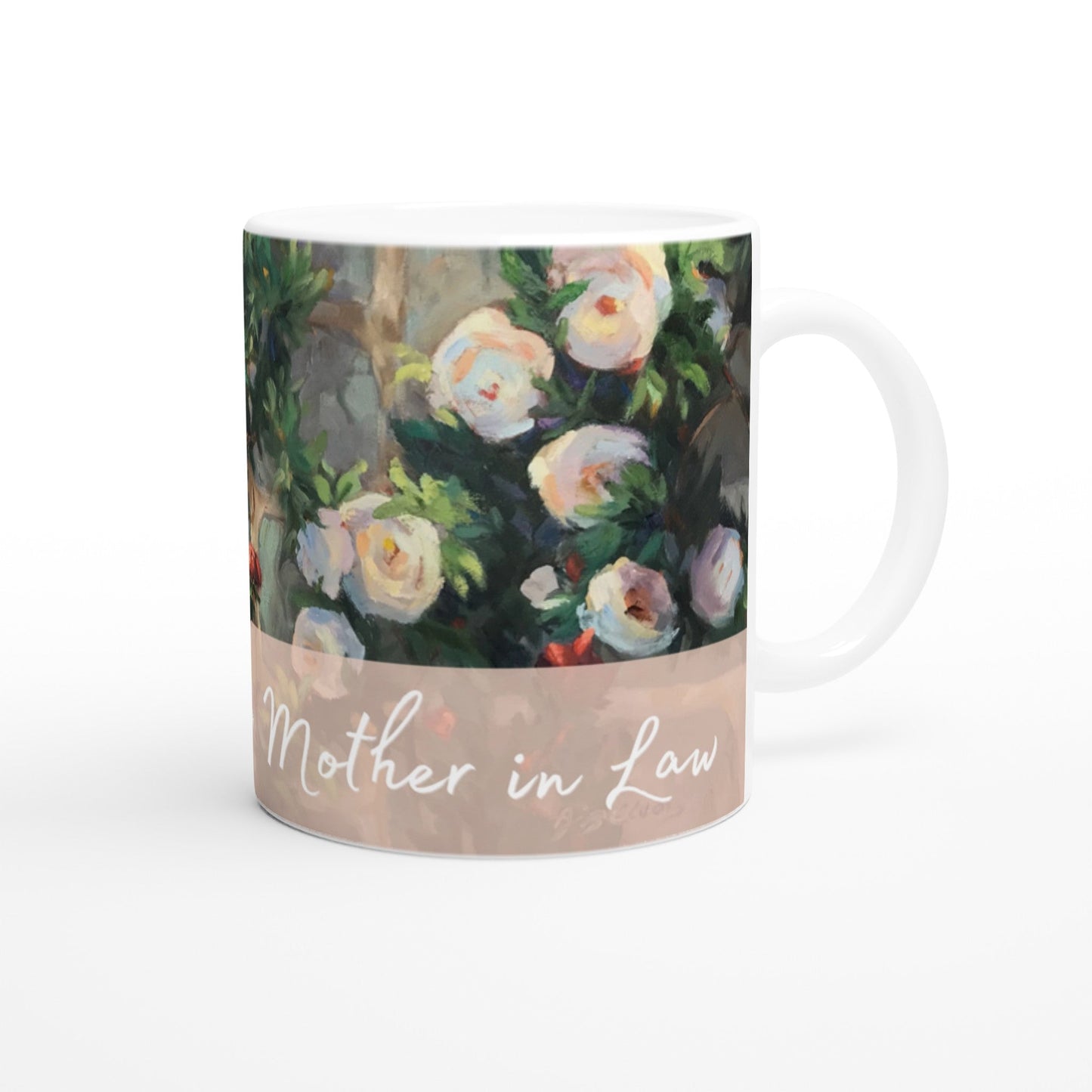 'Mother in Law' 11oz White Ceramic Mug | Bridal Collection with 'White Roses' Artwork by American Artist Barbara Cleary