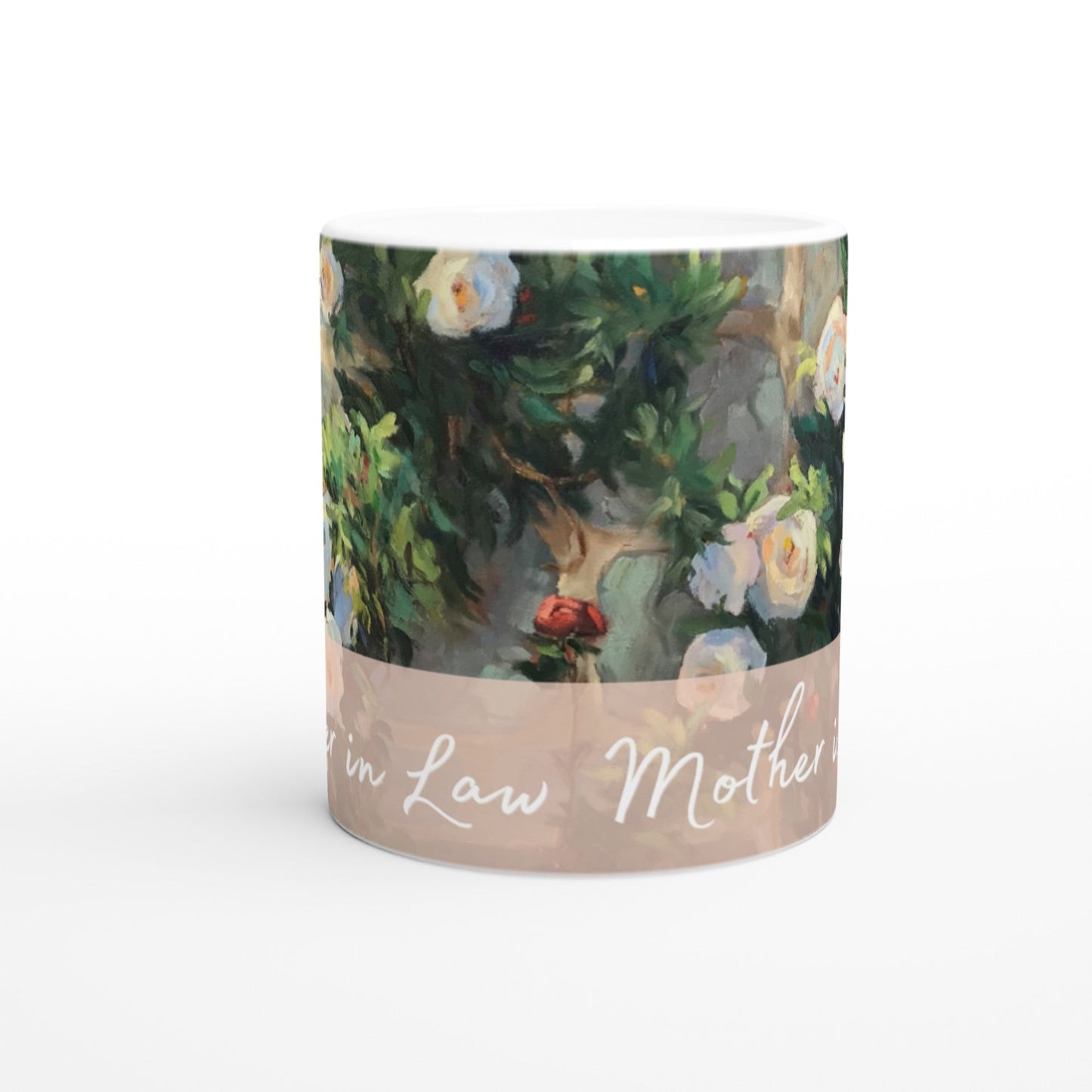'Mother in Law' 11oz White Ceramic Mug | Bridal Collection with 'White Roses' Artwork by American Artist Barbara Cleary
