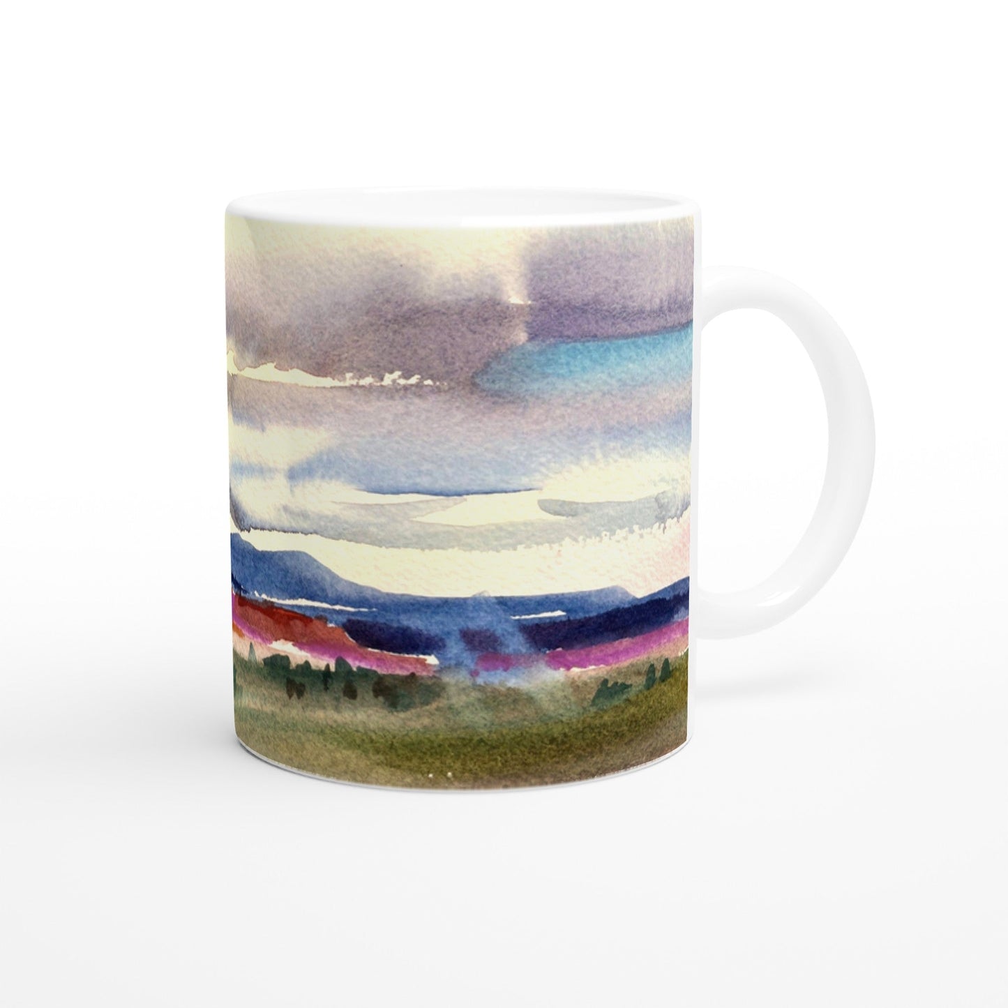 11oz White Ceramic Mug| Coffee Cup with 'Tranquil Mountain View 1' Artwork by American Artist Barbara Cleary