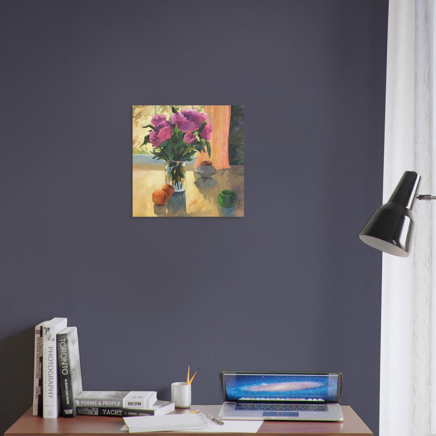 'Blooming Flowers and Fresh Fruit' Floral Still Life I 16x16 Museum-Quality Matte Paper Poster | Original Artwork by American Artist Barbara Cleary