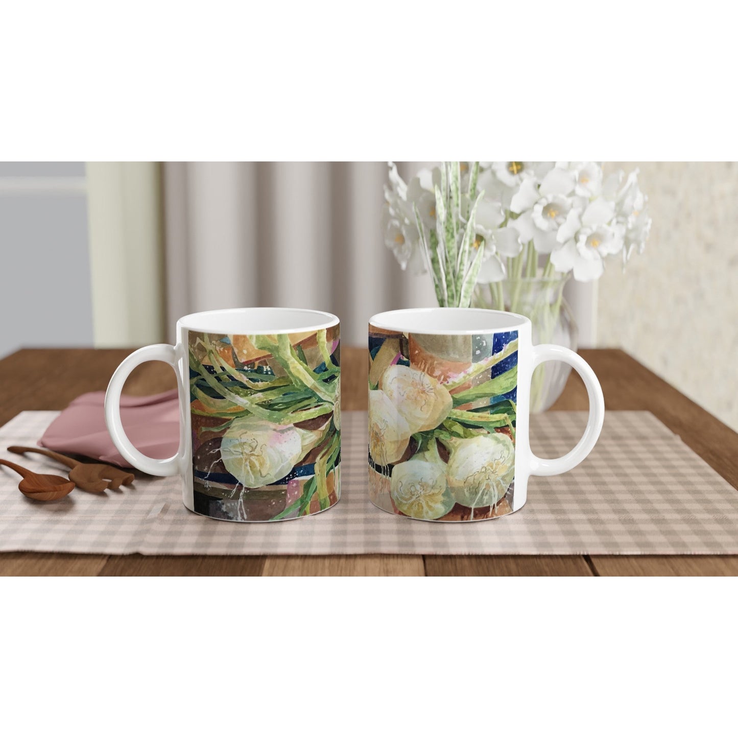 11oz White Ceramic Mug | Coffee Cup with 'Onions' Watercolor Artwork by American Artist Barbara Cleary