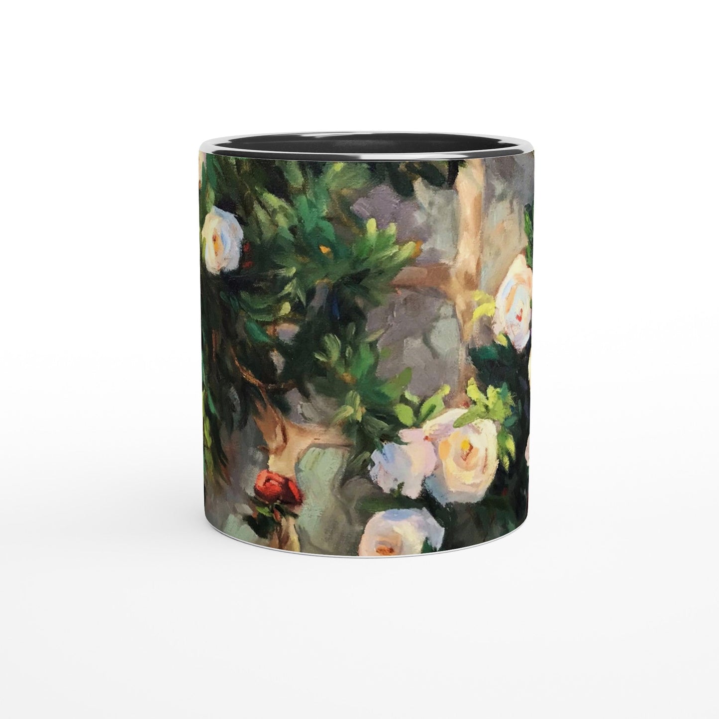 11oz White Ceramic Mug with Color Inside | Coffee Cup with 'Vining White Roses' Floral Artwork by American Artist Barbara Cleary
