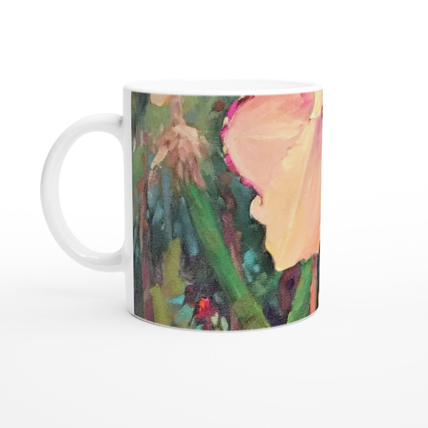 11oz White Ceramic Mug| Coffee Cup with 'Pink Orchid' Floral Artwork by American Artist Barbara Cleary