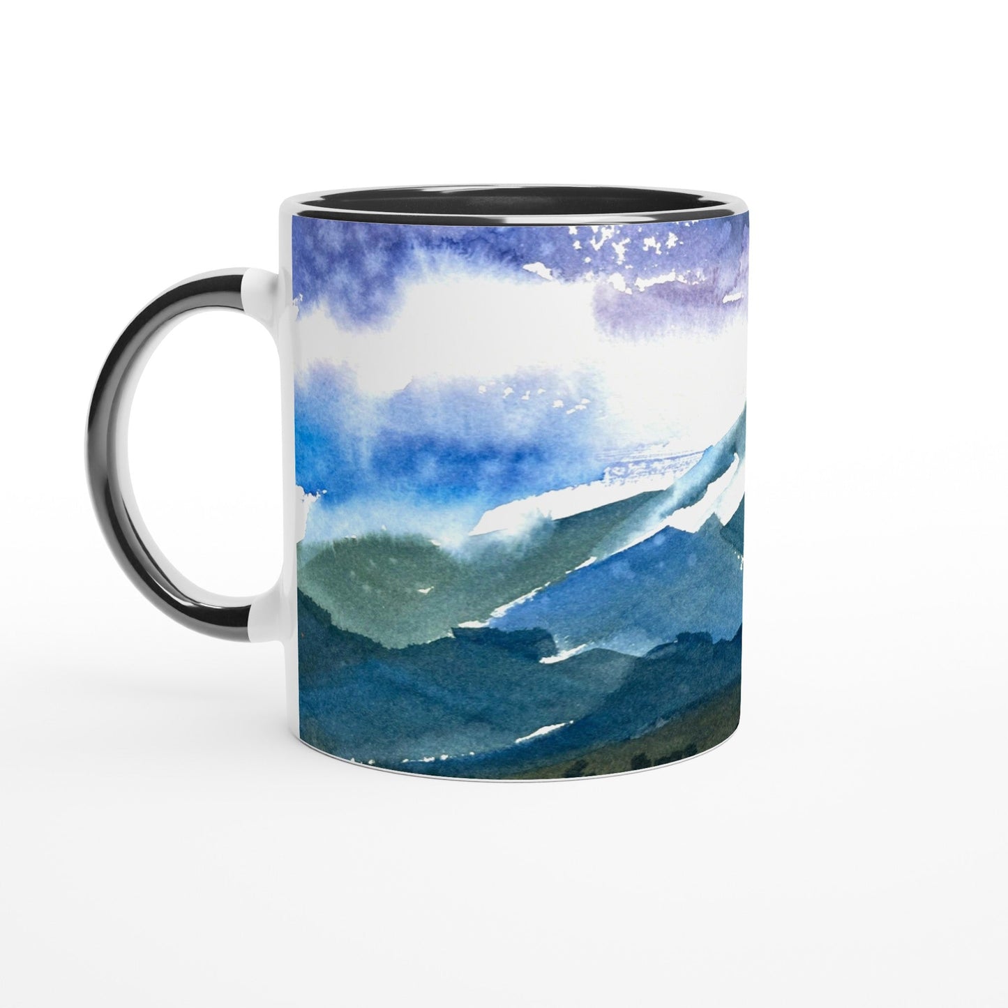 11oz White Ceramic Mug with Color Inside | Coffee Cup with 'Tranquil Mountain View 3' Artwork by American Artist Barbara Cleary