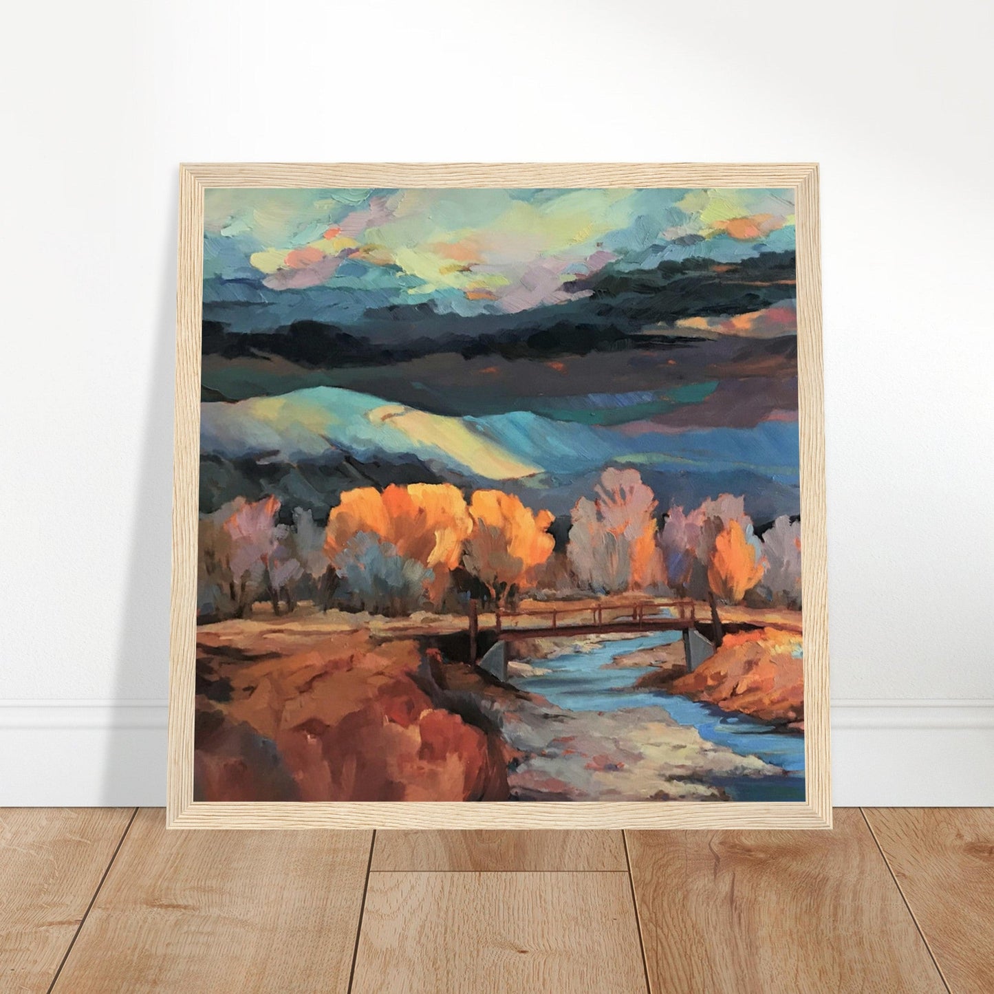 ‘Rio Pueblo River’ Landscape | 12x12 Wooden Framed Art Print | Original Artwork by American Artist Barbara Cleary