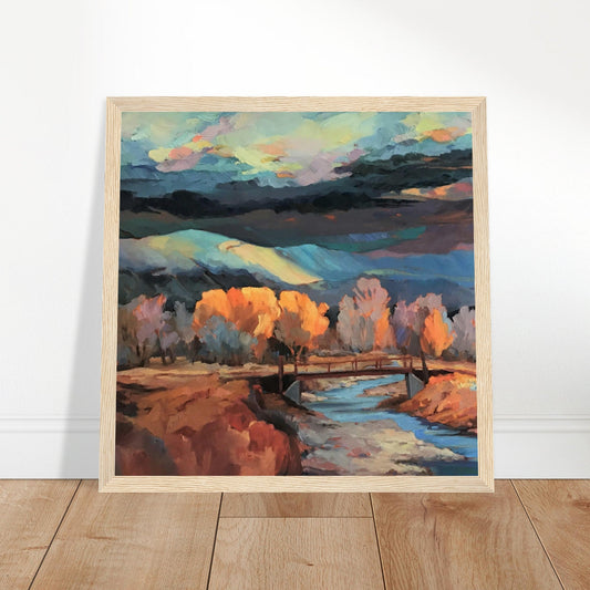 ‘Rio Pueblo River’ Landscape | 12x12 Wooden Framed Art Print | Original Artwork by American Artist Barbara Cleary