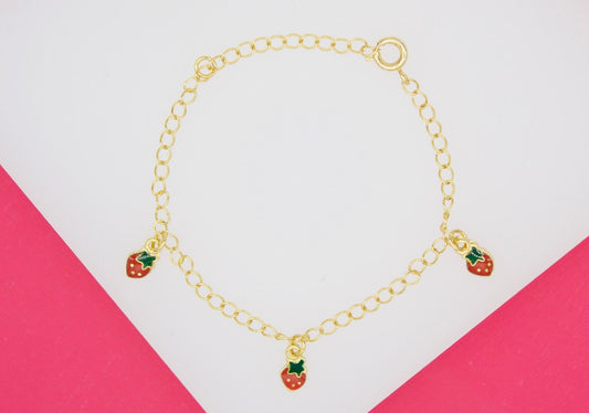 18K Gold Filled Dangle Strawberry Charm Bracelet