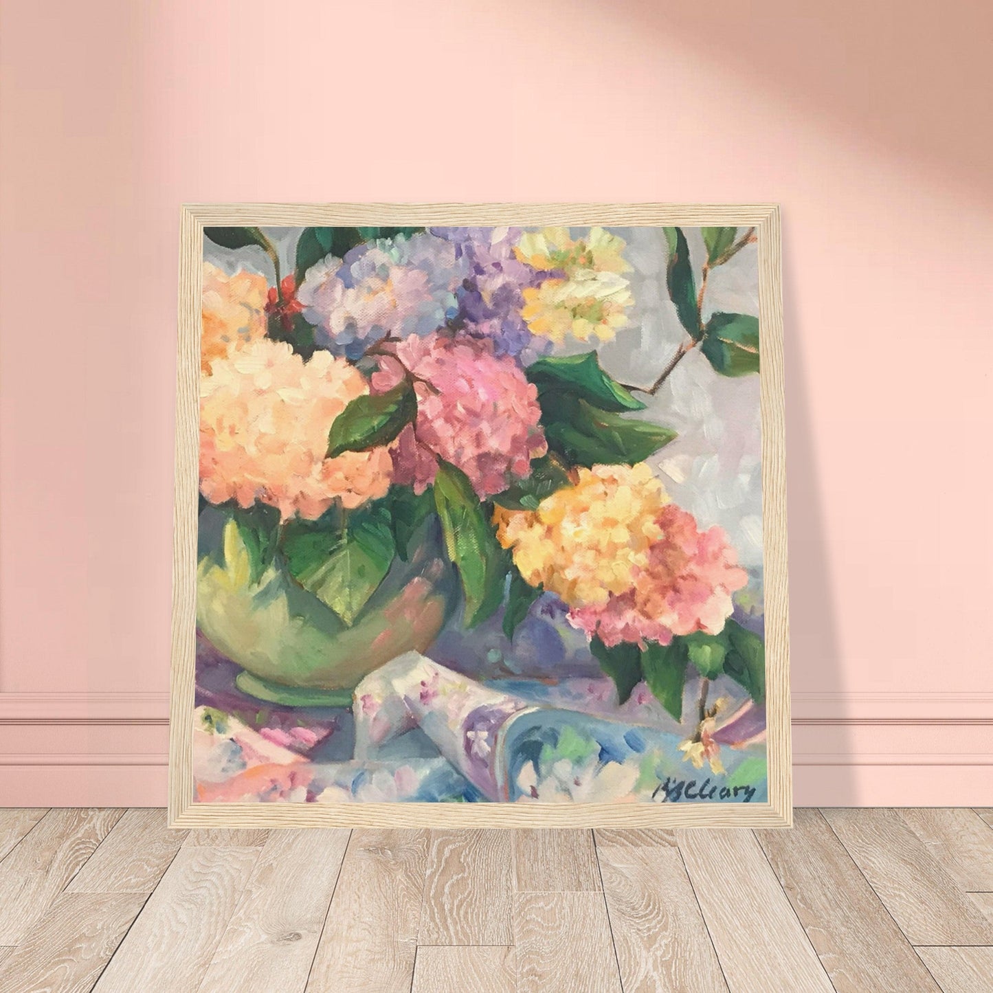 ‘Hydrangeas’ Floral Still Life | 12x12 inch Wooden Framed Art Print | Original Artwork by American Artist Barbara Cleary