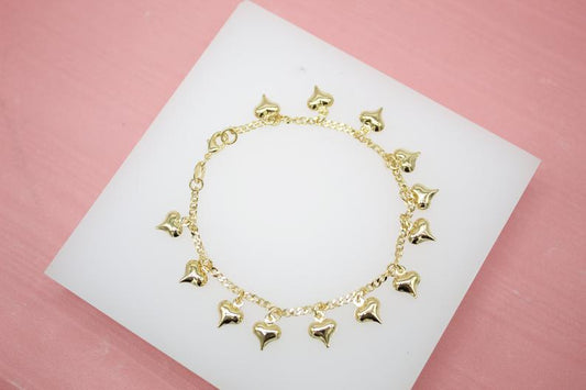 18K Gold Filled Charm Bracelet With Small Heart Charms (I175)