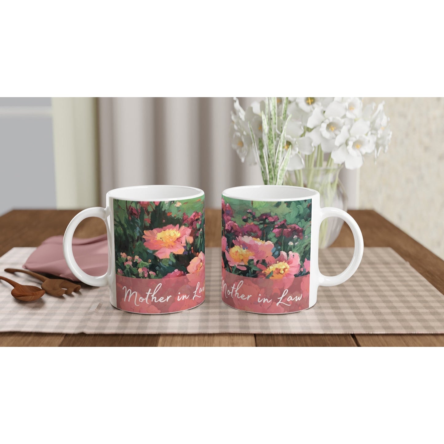 'Mother in Law' 11oz White Ceramic Mug | Bridal Collection with 'Pink Princess' Artwork by American Artist Barbara Cleary