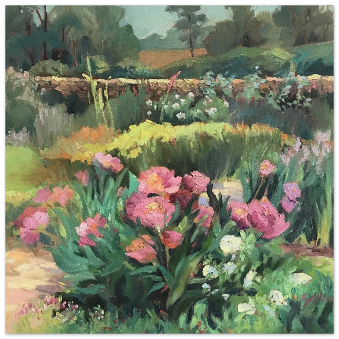 'Garden Peonies' Floral I 16x16 Museum-Quality Matte Paper Poster | Original Artwork by American Artist Barbara Cleary