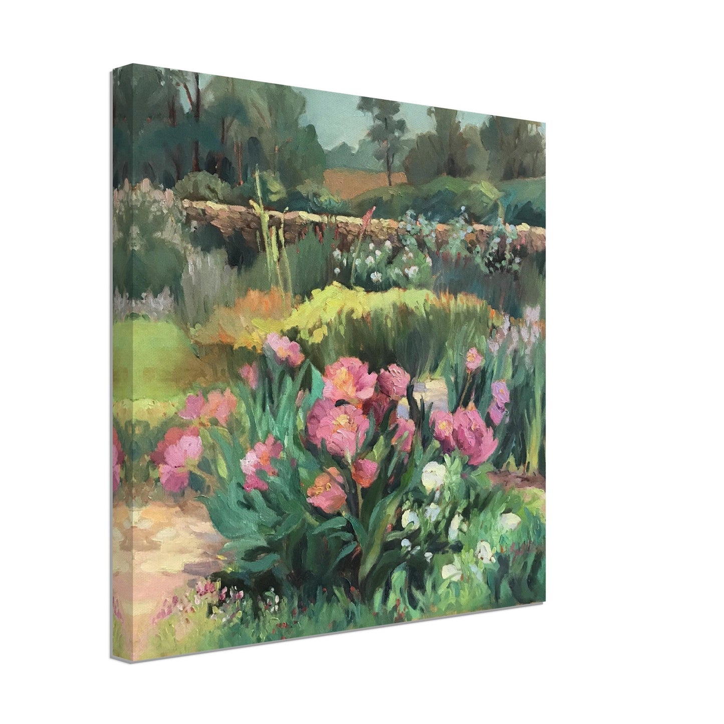 'Garden Peonies' Floral I 16x16 inch Art Print on Canvas I Original Artwork by American Artist Barbara Cleary