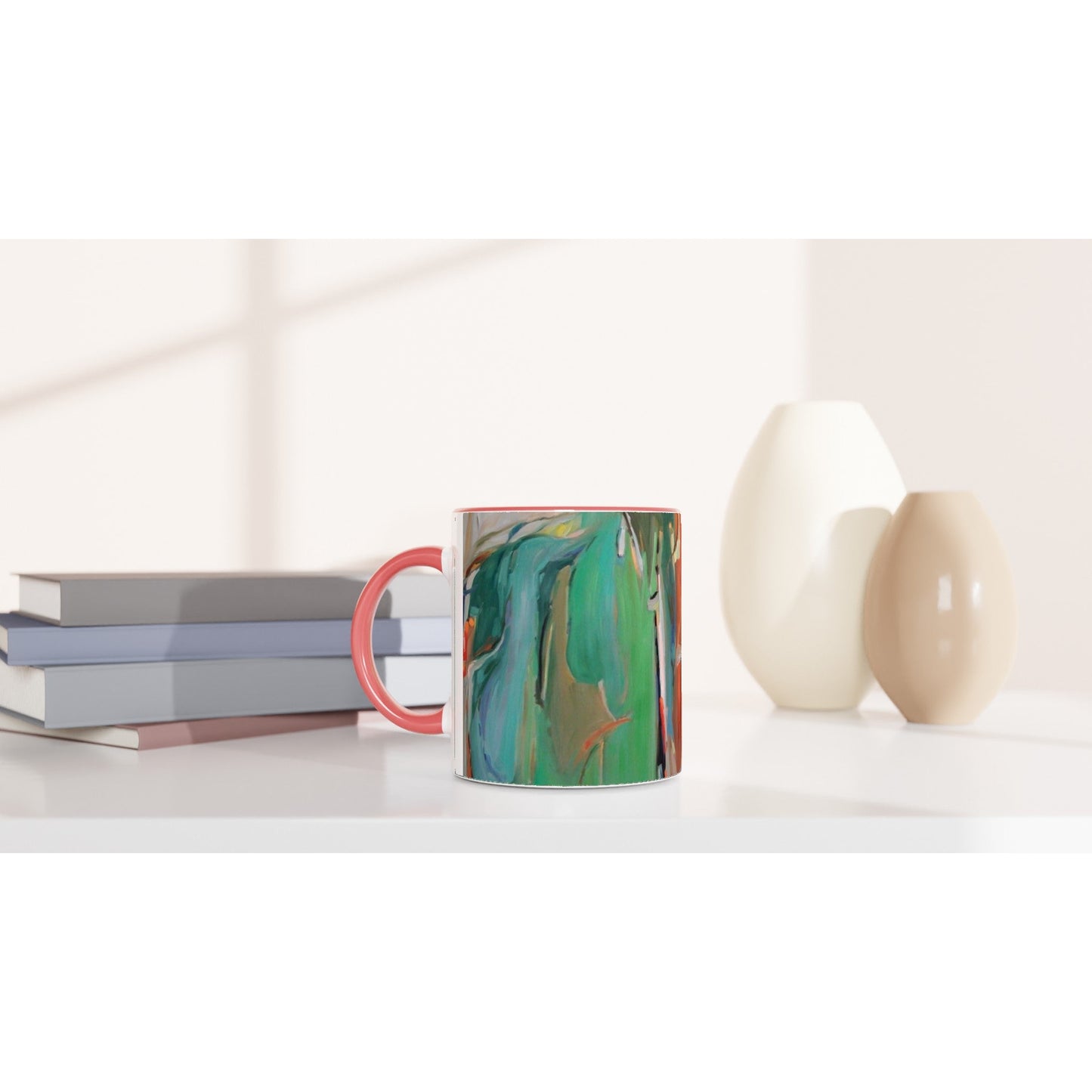 11oz White Ceramic Mug with Color Inside | Coffee Cup with 'Colorscape 2' Watercolor Artwork by American Artist Barbara Cleary