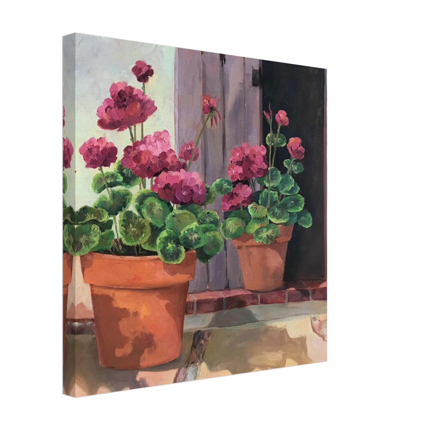'Potted Pink Geraniums Series 2' Floral I 16x16 inch Art Print on Canvas I Original Artwork by American Artist Barbara Cleary
