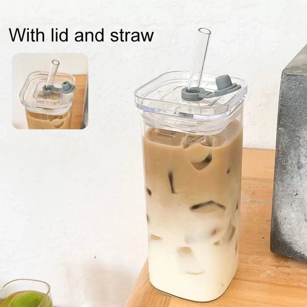 Glass Coffee Mug with Lid & Straw