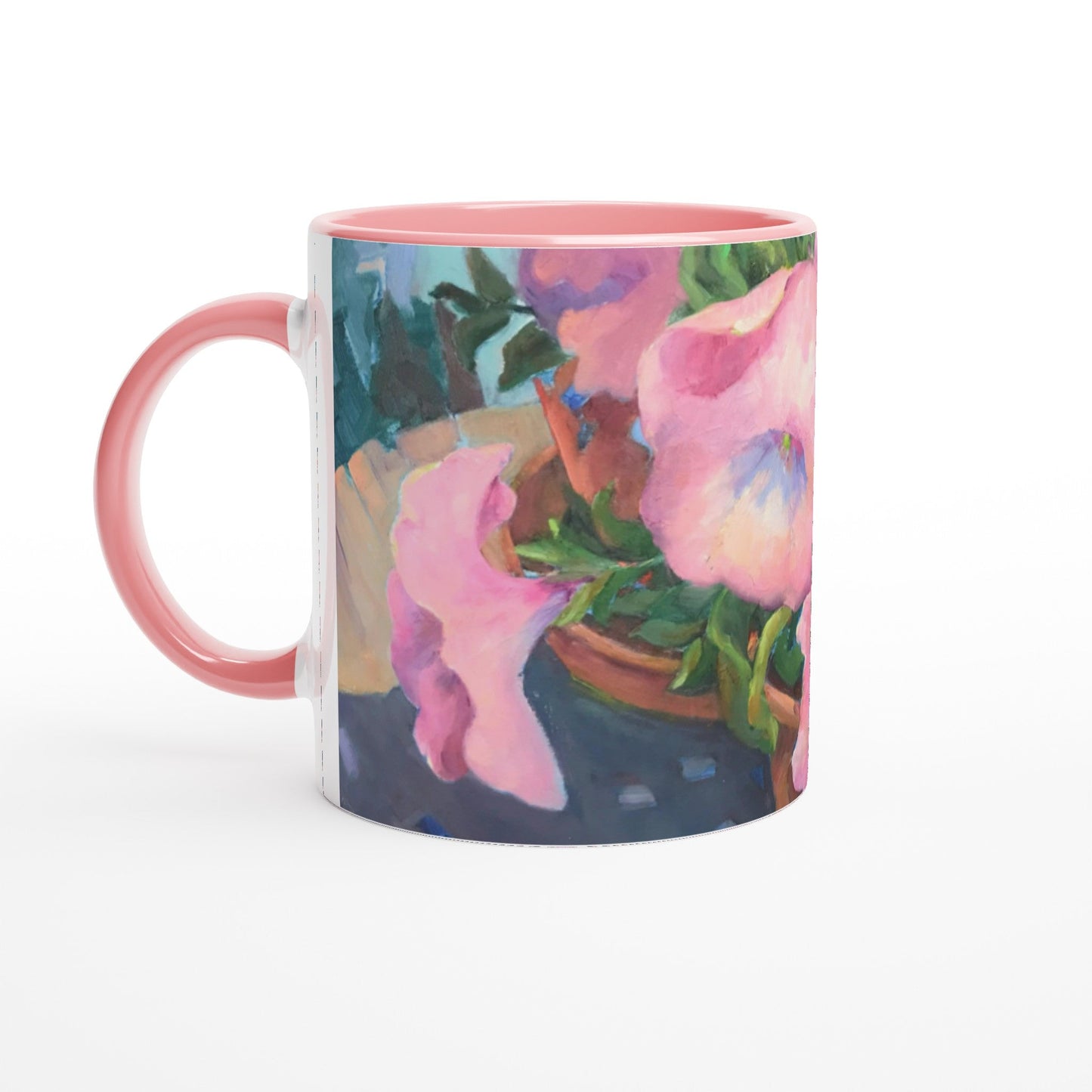 'Pink Petals in Bloom'  11oz White Ceramic Mug with Color Inside | Coffee Cup with 'May's First Born' Floral Artwork by American Artist Barbara Cleary