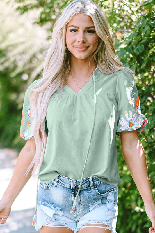 Reya Floral Embroidered Puff Sleeve Split Neck Blouse