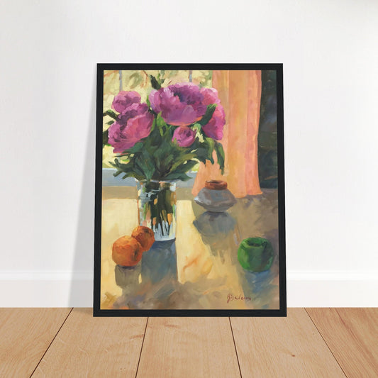 'Blooming Flowers and Fresh Fruit' Floral Still Life I 12x16 Wooden Framed Art Print | Original Artwork by American Artist Barbara Cleary