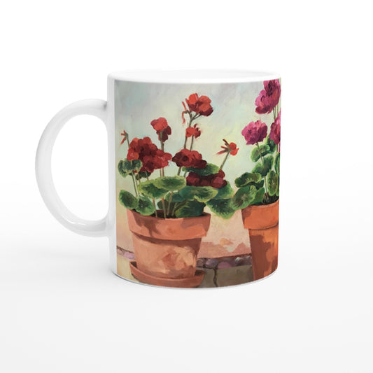 11oz White Ceramic Mug | Coffee Cup with 'Potted Red Geraniums Series 1' Floral Artwork by American Artist Barbara Cleary