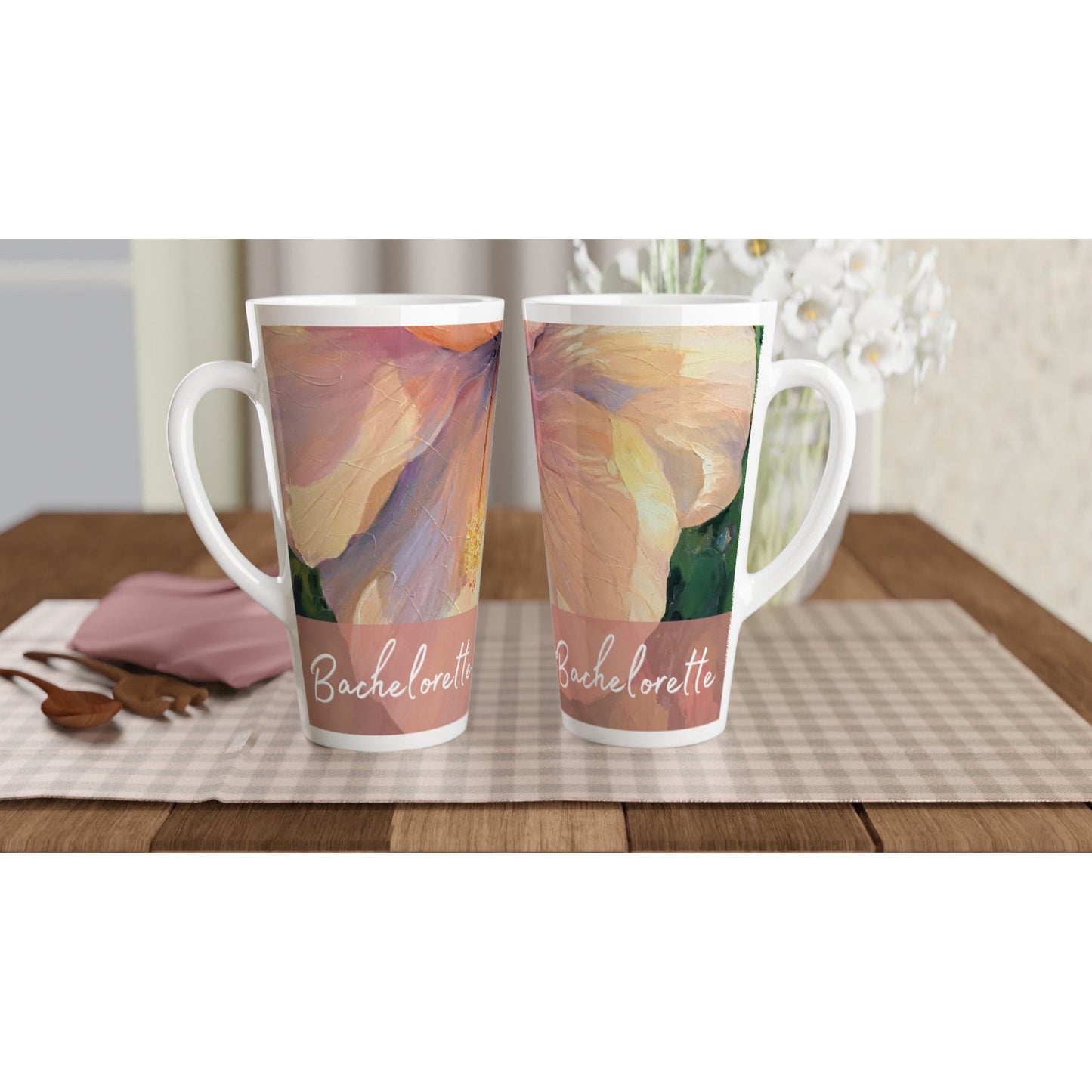 'Bachelorette' 17oz White Ceramic Latte Mug | Bridal Collection with 'Hibiscus' Artwork by American Artist Barbara Cleary