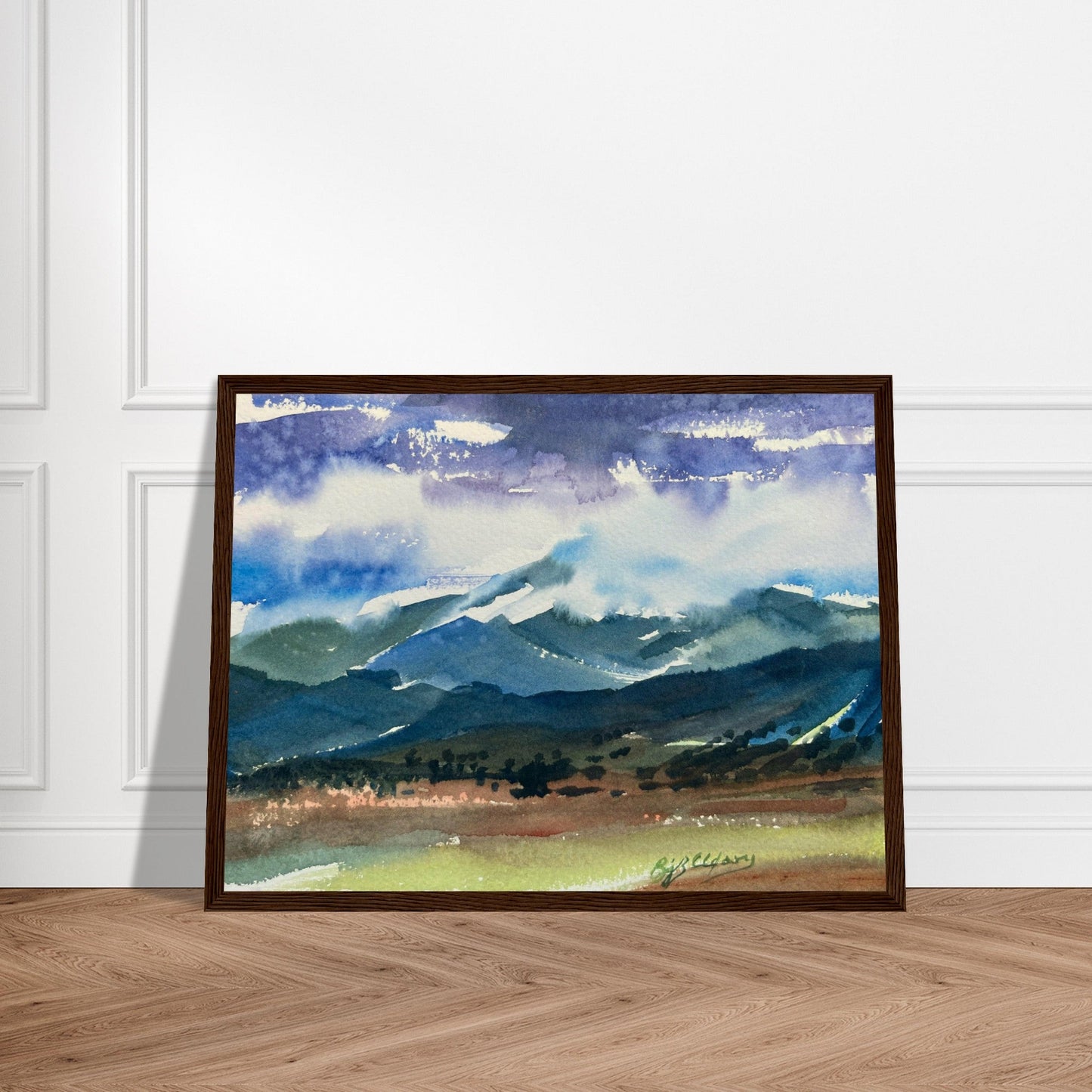 ‘Tranquil Mountain View 3’ Landscape Watercolor | 12x16 Wooden Framed Art Print | Original Artwork by American Artist Barbara Cleary