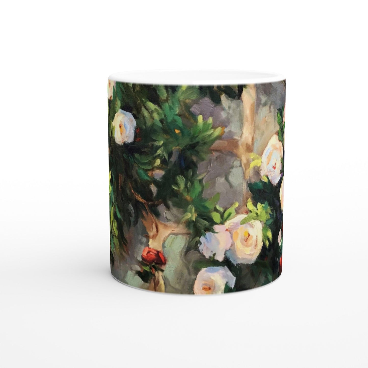 11oz White Ceramic Mug | Coffee Cup with 'Vining White Roses' Artwork by American Artist Barbara Cleary