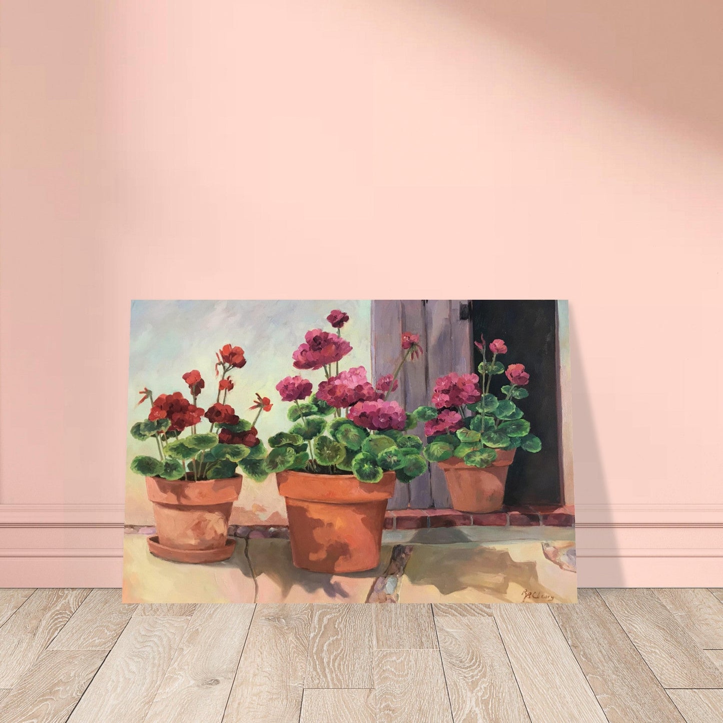 'Potted Red Geraniums Series 2' Floral I 16x24 Museum-Quality Matte Paper Poster I Original Artwork by American Artist Barbara Cleary