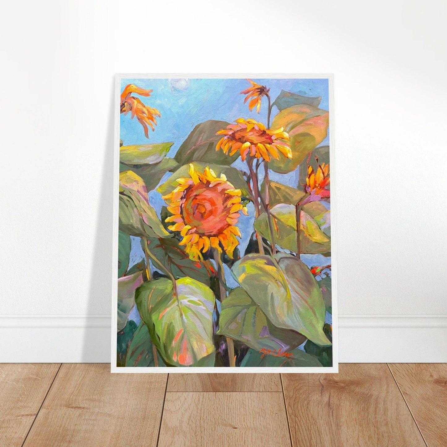 'Southwind Sunflowers 2' Floral | 18x24 inch Wooden Framed Art Print | Original Artwork by American Artist Barbara Cleary