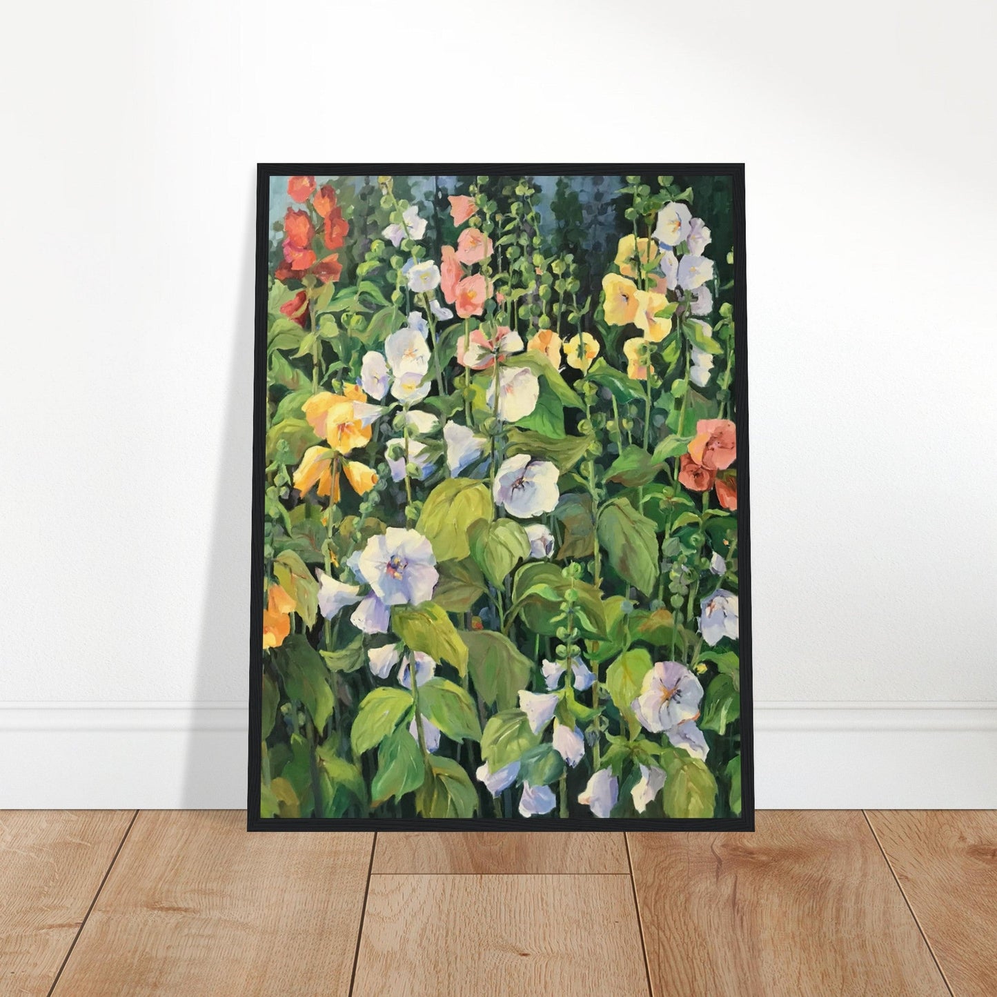 ‘Hollyhocks’ Floral | 18x24 inch Wooden Framed Art Print | Original Artwork by American Artist Barbara Cleary