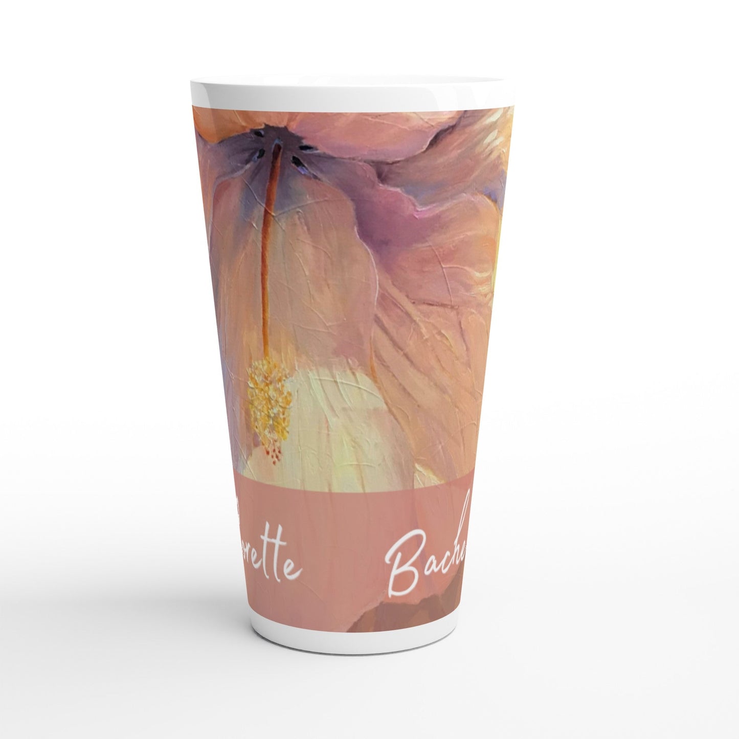 'Bachelorette' 17oz White Ceramic Latte Mug | Bridal Collection with 'Hibiscus' Artwork by American Artist Barbara Cleary