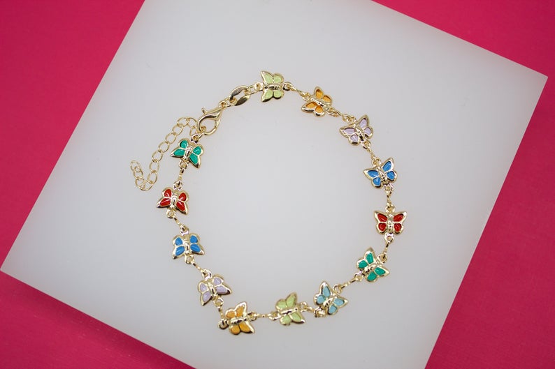 MultiColor CZ Stones Butterfly Charm Bracelet (I161)