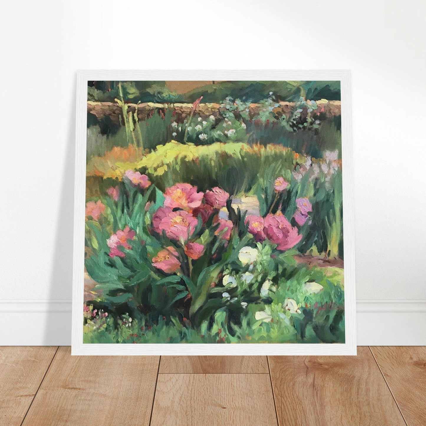 ‘Garden Peonies’ Pink and Green Floral | 12x12 inch Wooden Framed Art Print | Original Artwork by American Artist Barbara Cleary