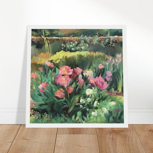 ‘Garden Peonies’ Pink and Green Floral | 12x12 inch Wooden Framed Art Print | Original Artwork by American Artist Barbara Cleary