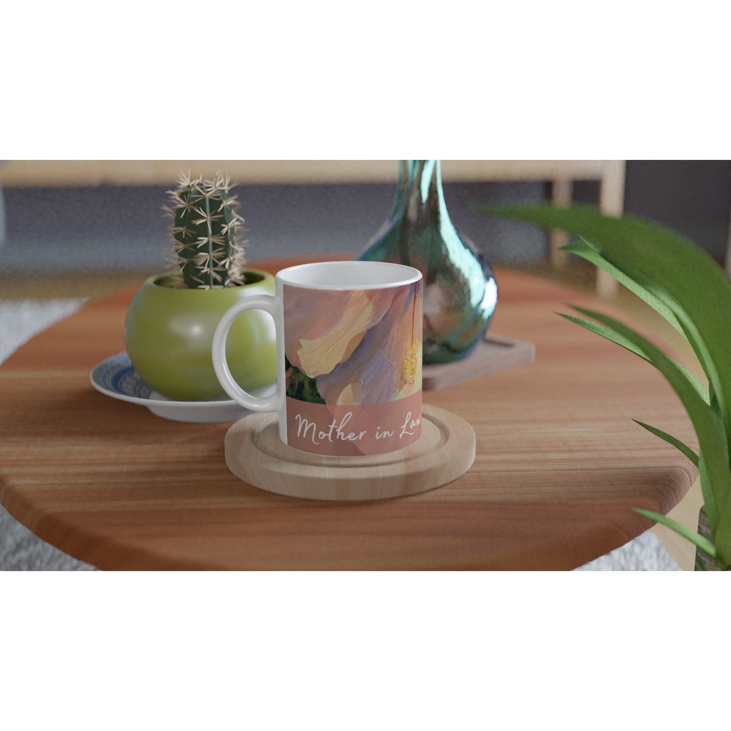 'Mother in Law' 11oz White Ceramic Mug | Bridal Collection with 'Hibiscus' Artwork by American Artist Barbara Cleary