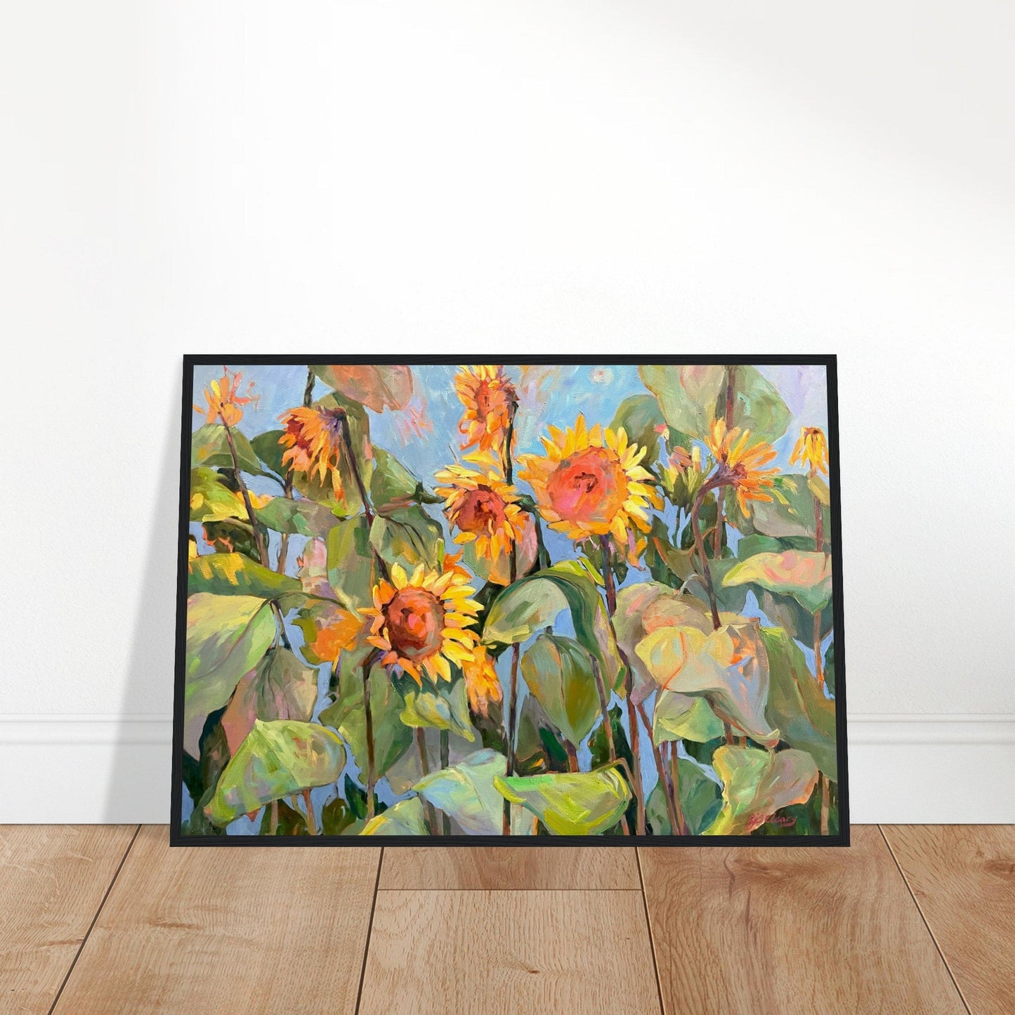 'Southwind Sunflowers 1' Floral | 20x28 inch Wooden Framed Art Print | Original Artwork by American Artist Barbara Cleary
