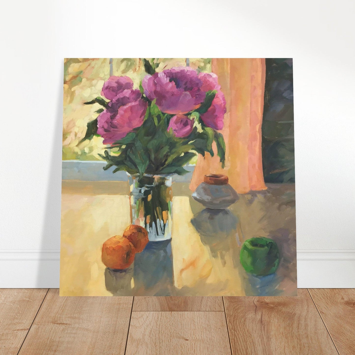 'Blooming Flowers and Fresh Fruit' Floral Still Life I 16x16 Museum-Quality Matte Paper Poster | Original Artwork by American Artist Barbara Cleary