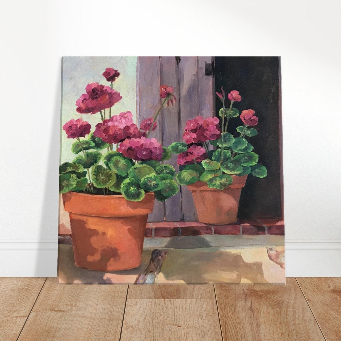 'Potted Pink Geraniums Series 2' Floral I 16x16 inch Art Print on Canvas I Original Artwork by American Artist Barbara Cleary