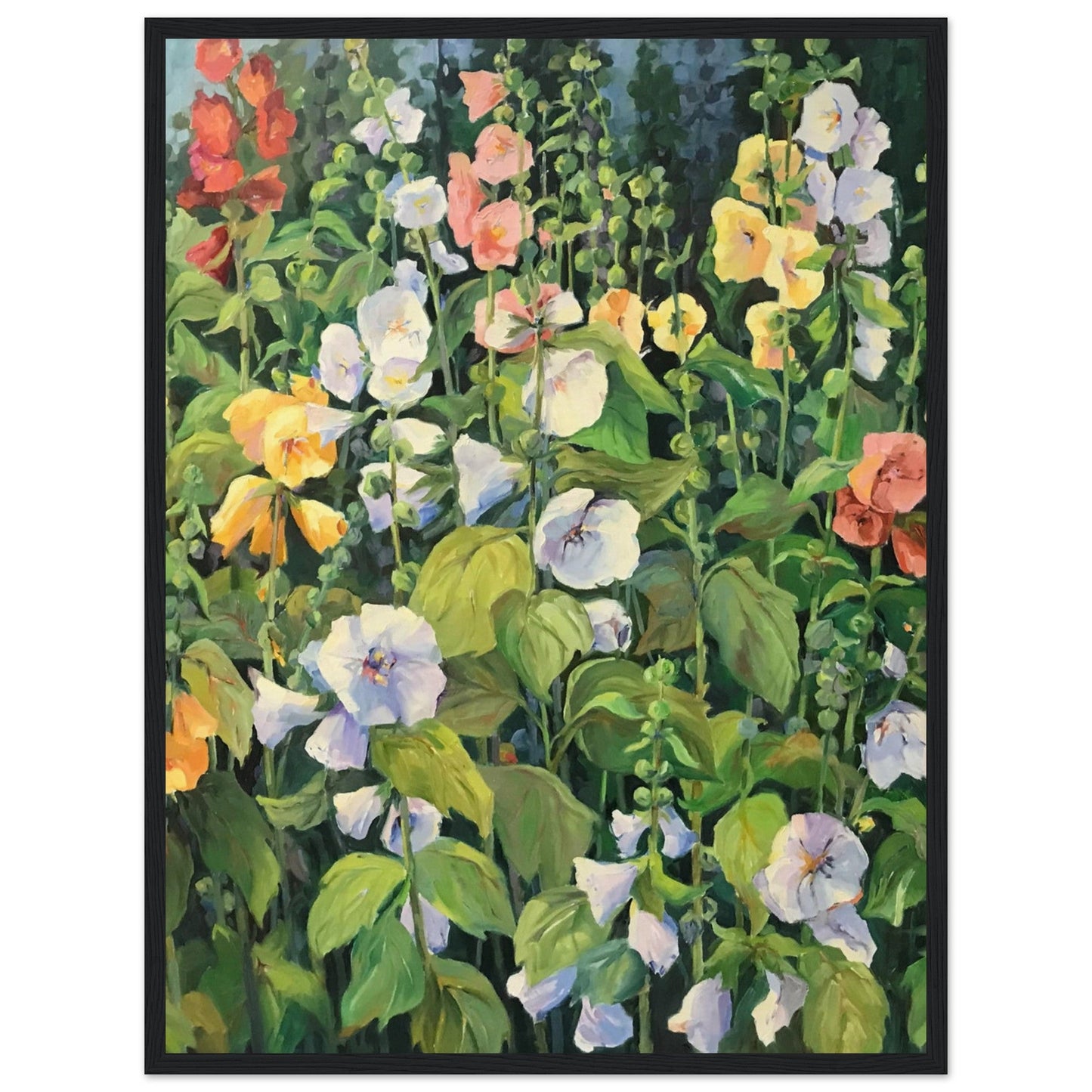 ‘Hollyhocks’ Floral | 18x24 inch Wooden Framed Art Print | Original Artwork by American Artist Barbara Cleary