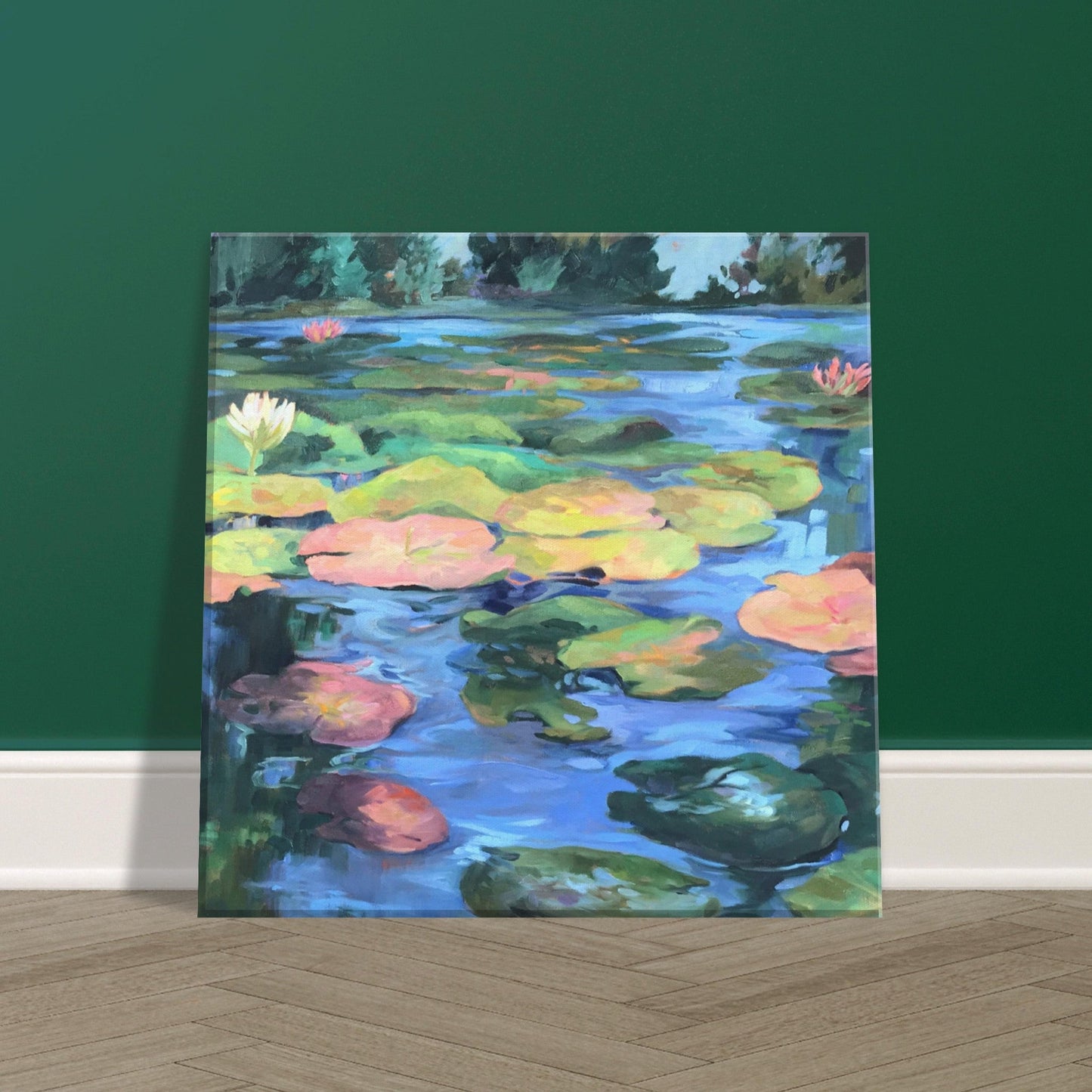 'Lily Pond' Floral I 12x12 inch Art Print on Canvas I Original Artwork by American Artist Barbara Cleary