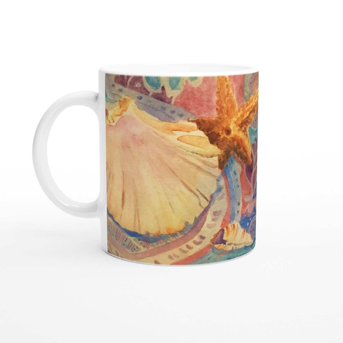 11oz White Ceramic Mug | Coffee Cup with 'Starfish' Watercolor Artwork by American Artist Barbara Cleary