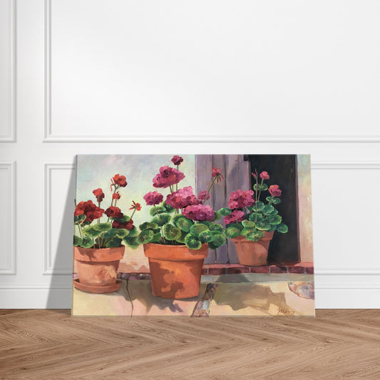 'Potted Red Geraniums 2' Floral I 12x18 inch Art Print on Canvas I Original Artwork by American Artist Barbara Cleary I F23