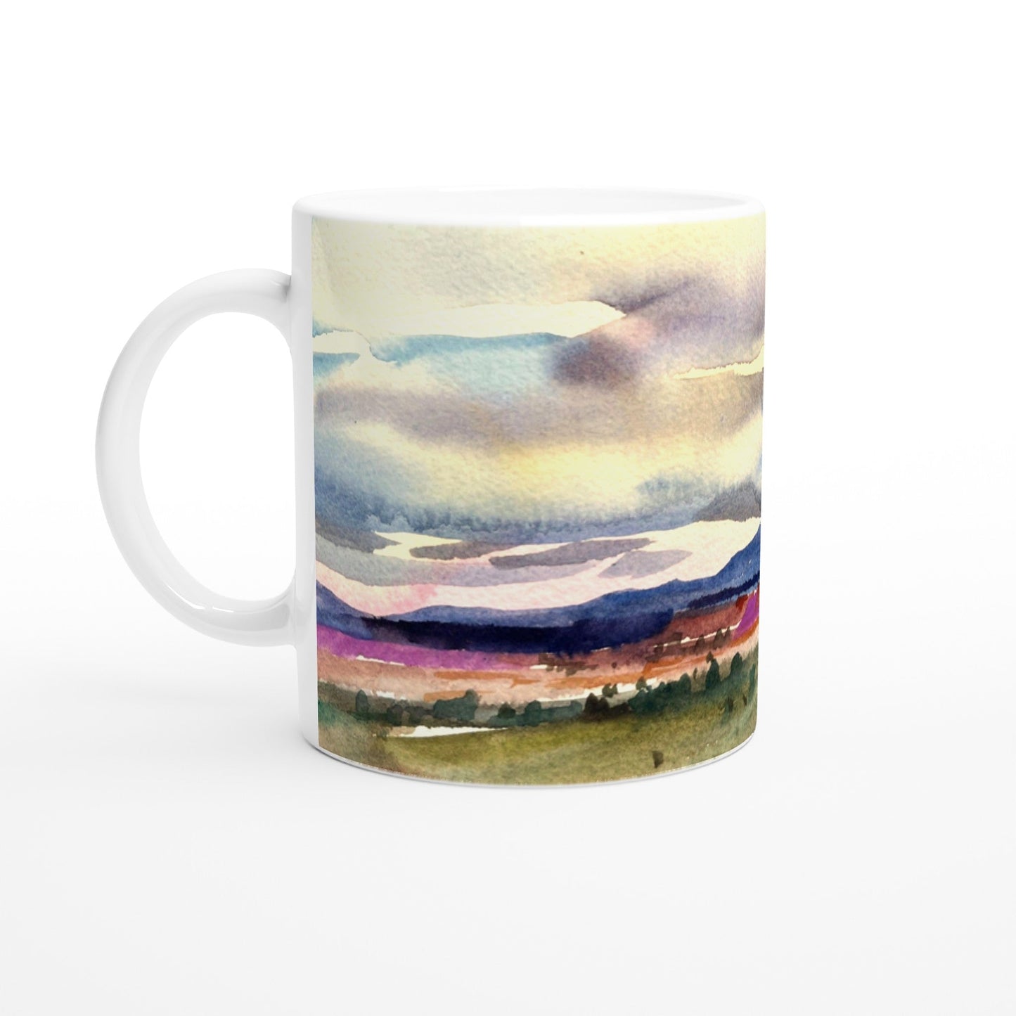 11oz White Ceramic Mug| Coffee Cup with 'Tranquil Mountain View 1' Artwork by American Artist Barbara Cleary
