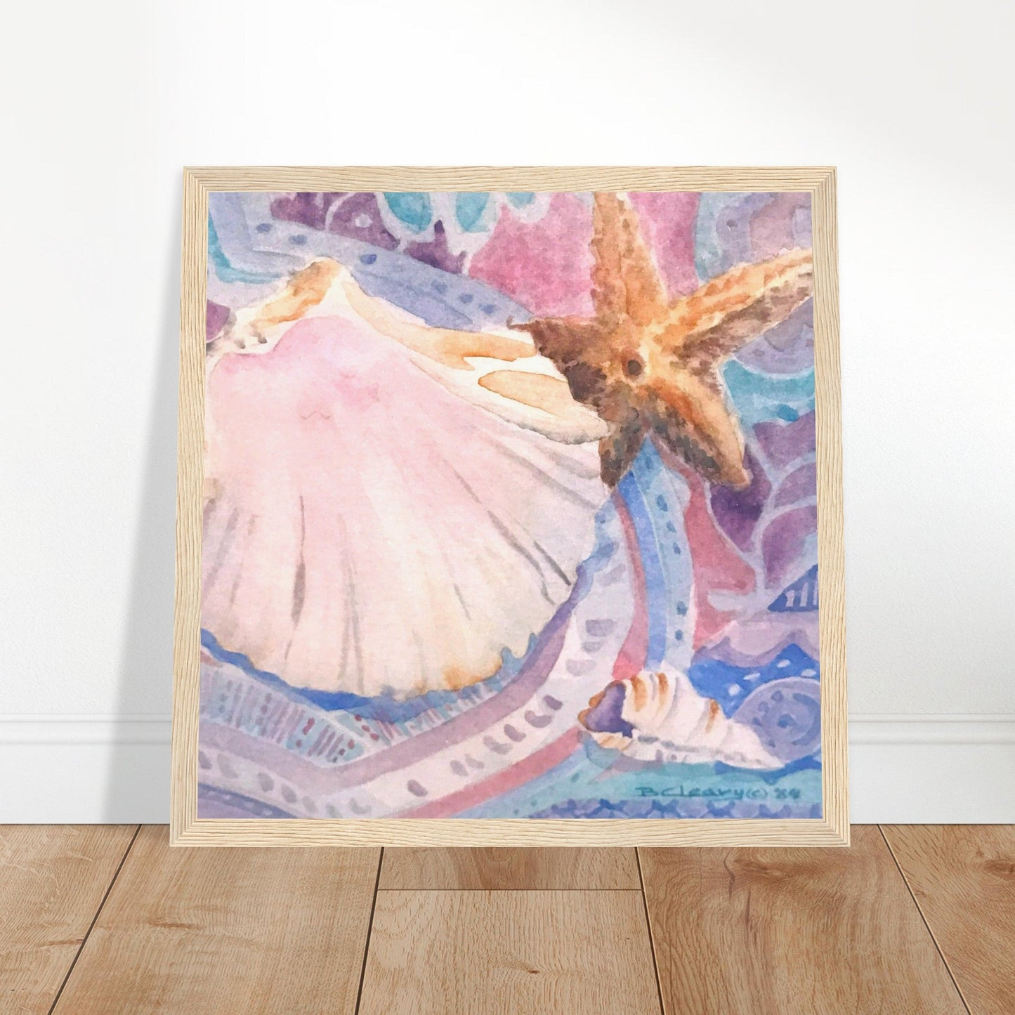'Starfish' Watercolor I 12x12 inch Wooden Framed Art Print I Original Artwork by American Artist Barbara Cleary