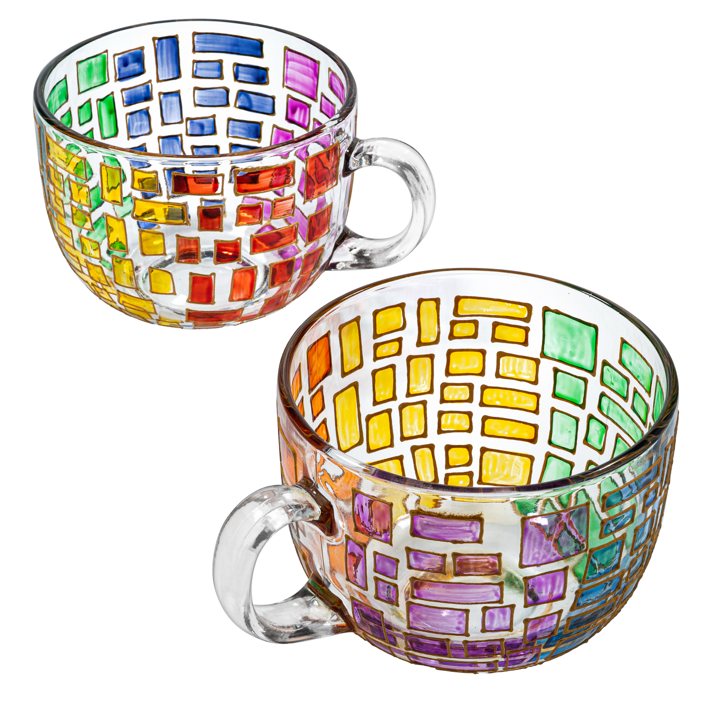 The Wine Savant Renaissance Stained Glass Windows Mugs, Artisanal Hand Painted Set of 2 - Gift Idea for Her, Him, Birthday, Mom, Housewarming - Art Deco Coffee and Tea Set 3.5" H X 4" W (Mugs)